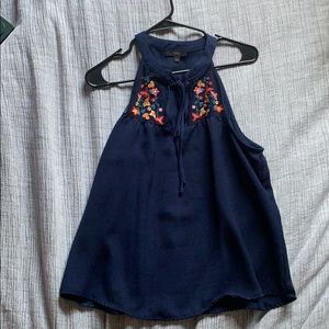 Blue Tank with Embroidered Flowers